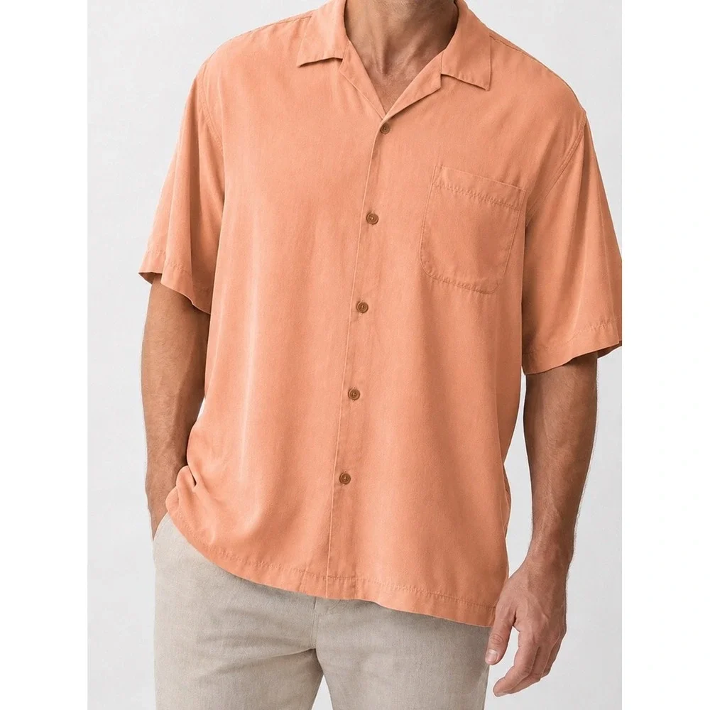Tommy Bahama 100% Silk Camp Shirt Peach Camp Collar Button Up Size L - Picture 1 of 6